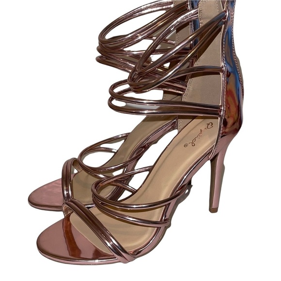 Quipid Rose Gold Strappy High Heel Stilettos Pump Back Zipper Shoes - Picture 3 of 8